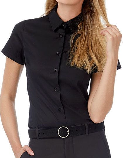 Poplin Shirt Black Tie Short Sleeve / Women
