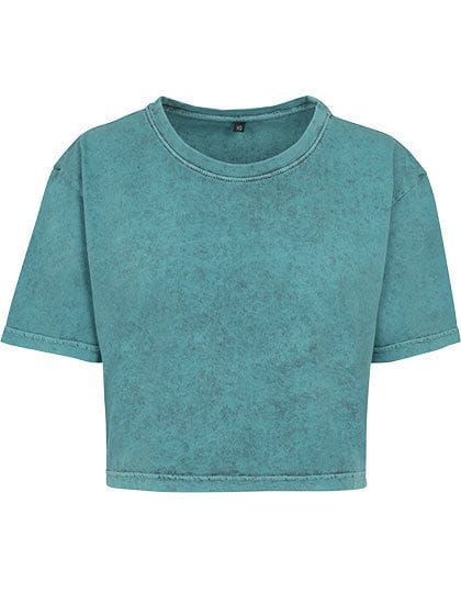 Ladies` Acid Washed Cropped Tee Teal Black