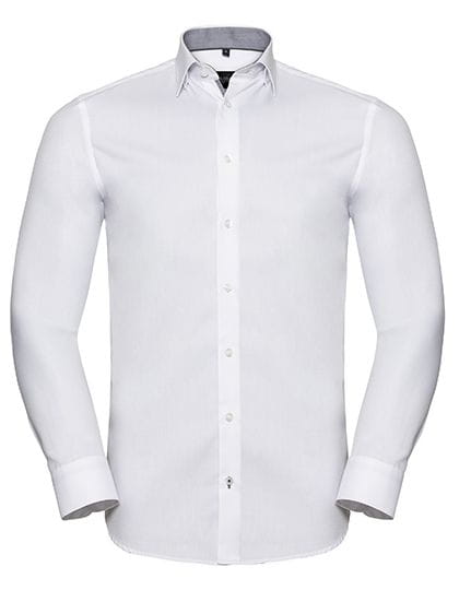 Men`s Long Sleeve Tailored Contrast Herringbone Shirt  White / Silver / Convoy Grey