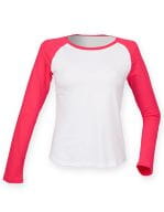 Women`s Long Sleeved Baseball T White / Hot Pink