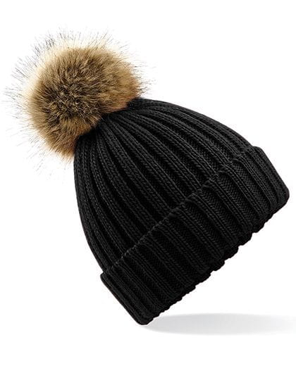 Faux Fur Pop Pom Chunky Beanie Black