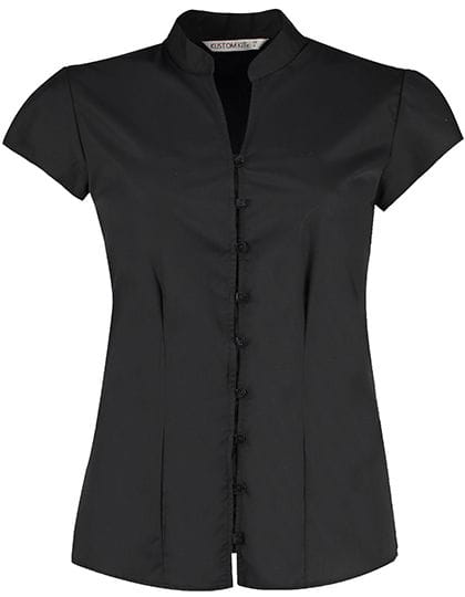 Tailored Fit Poplin Contintental Blouse Mandarin Collar Cap Sleeve