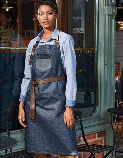 Division Waxed Look Denim Bib Apron With Faux Leather