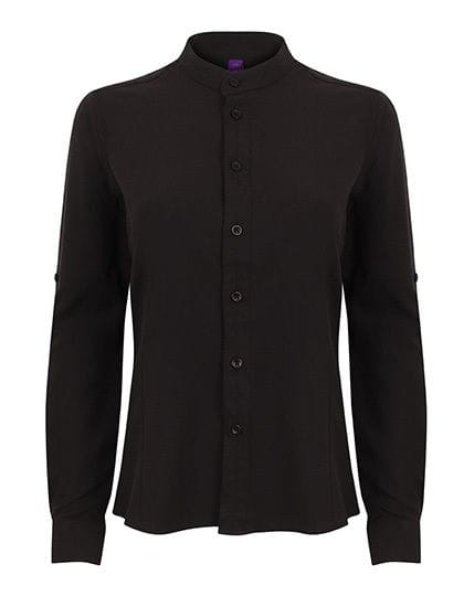 Ladies` Mandarin Shirt Roll Tab Sleeve Black